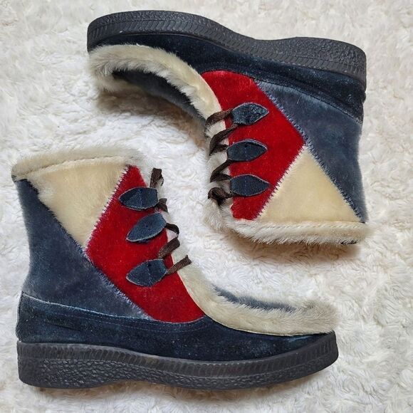 Ski-Lounger Italian Vintage 70s Faux Fur & Suede Red & Grey Lace-Up Booties - Picture 1 of 9